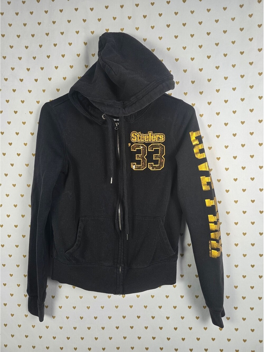 Victoria’s Secret PINK Steelers 33 BLING Sequin Zip Hoodie NFL Small Black Gold